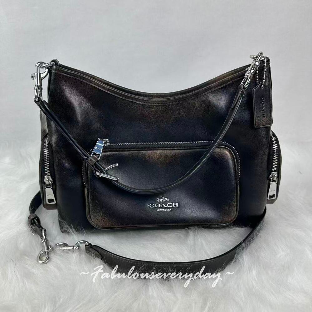 Coach Laurel Shoulder Bag With Pockets In Loved Leather/Silver/Black Brow CES84